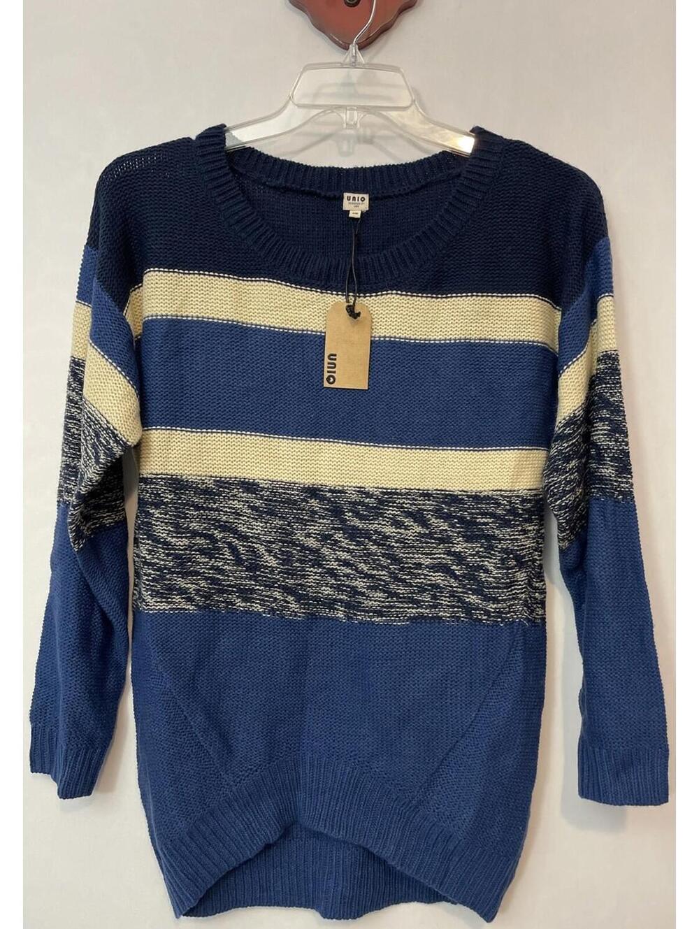 Uniq Womens S/M Blue Striped Pullover Tunic Knit Acrylic Sweater NWT! M1474